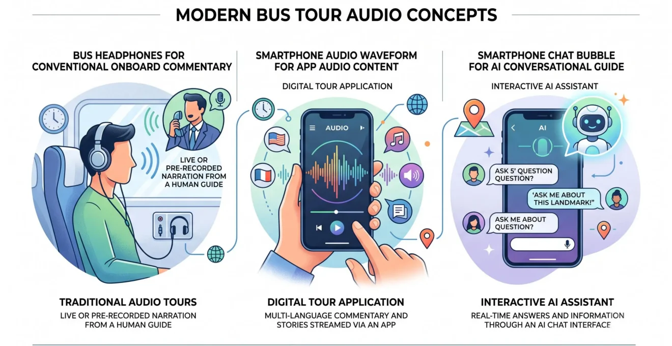 Diagram comparing onboard audio commentary, smartphone audio content and AI conversational guidance