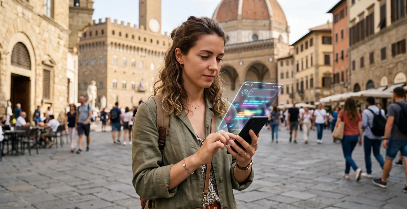 Traveler interacting with an AI tourist guide on a smartphone in Tuscany