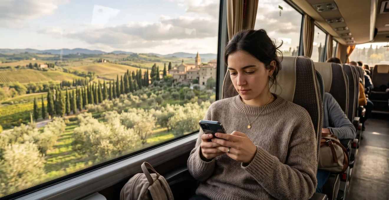 Traveler using a smartphone digital guide while riding a bus through Tuscany